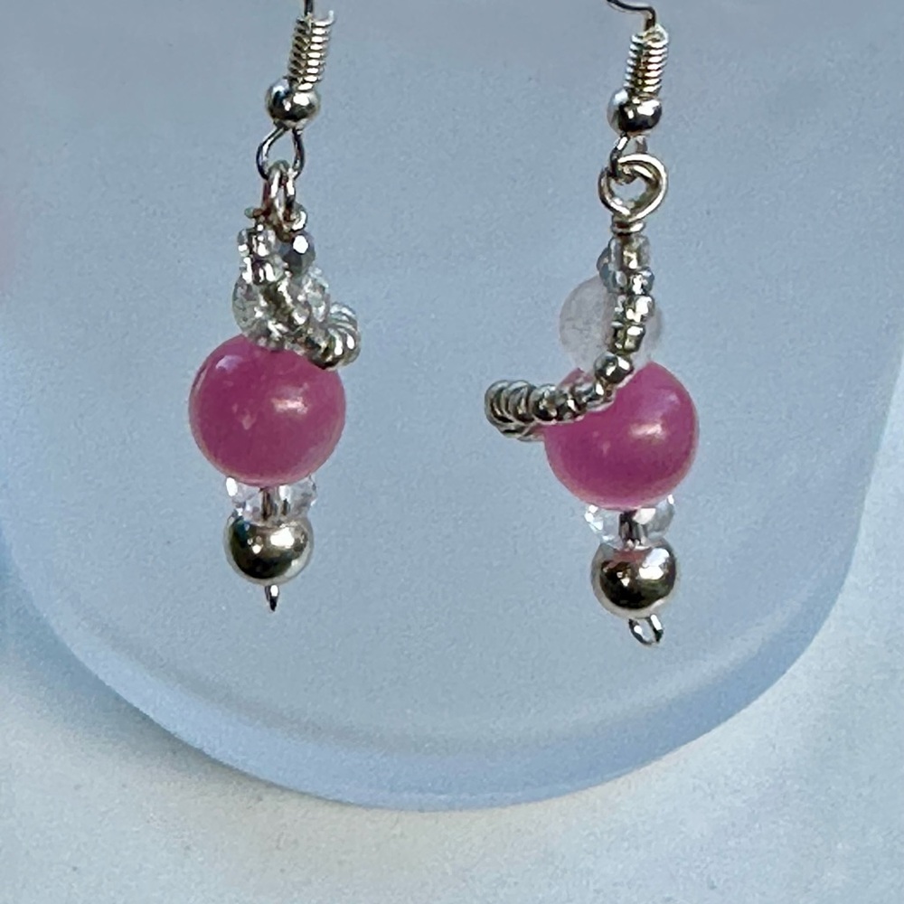 Pink and Silver Beaded Earrings